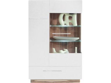 Niska modna witryna z szufladą i oświetleniem LED w standardzie - MONUSO Biały / Orzech baltimore