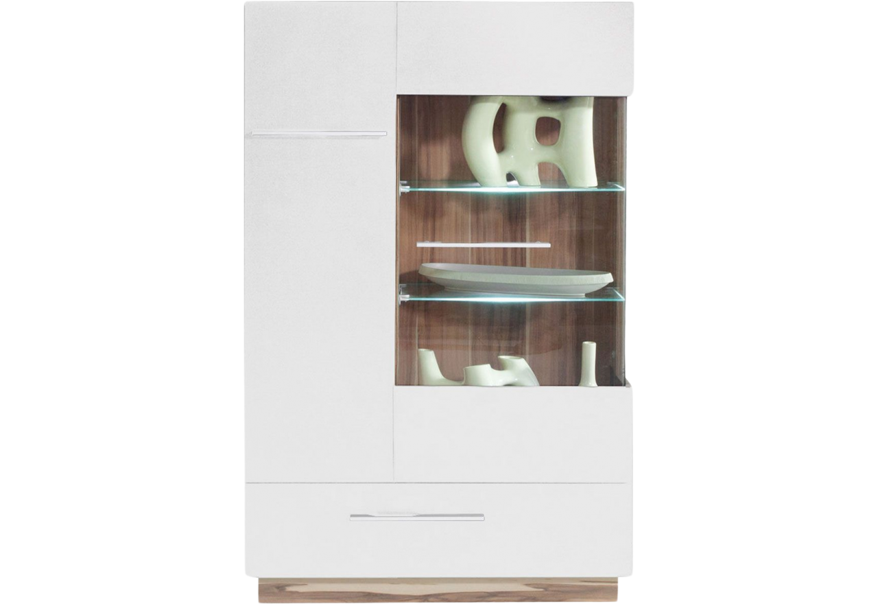 Niska modna witryna z szufladą i oświetleniem LED w standardzie - MONUSO Biały / Orzech baltimore