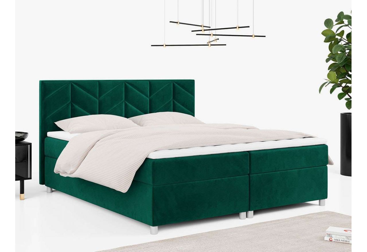 Stylowe łóżko kontynentalne 140x200 z topperem i materacem sprężynowym, PINO, pokryte butelkowozielonym welwetem