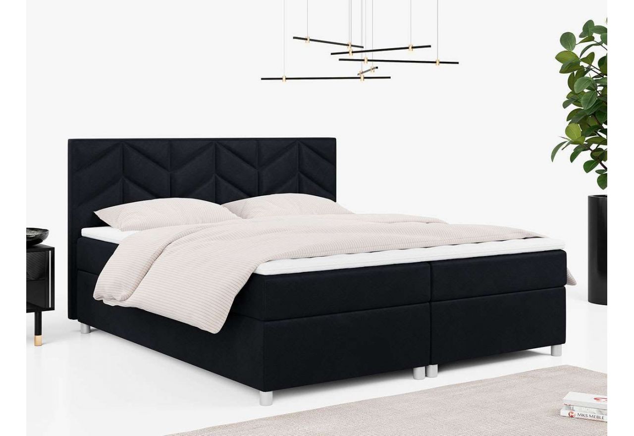 Czarne łóżko kontynentalne z przeszywanym zagłowiem i dwoma materacami, PINO w welurowej tapicerce, 120x200