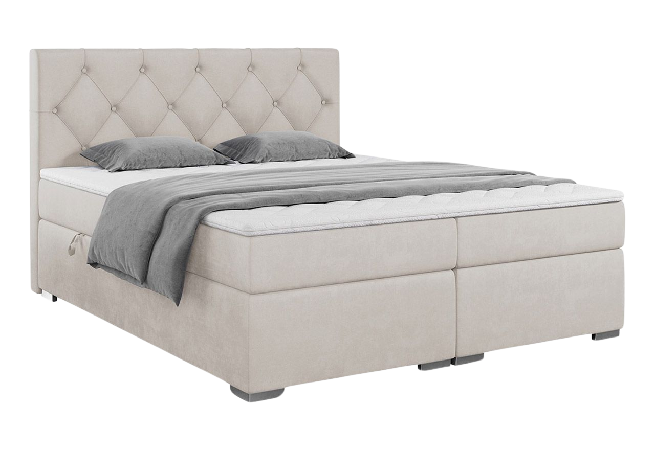 Łóżko z wysokim zagłówkiem ALDA, kontynentalne 200x200 do sypialni, welurowe w kremowym kolorze