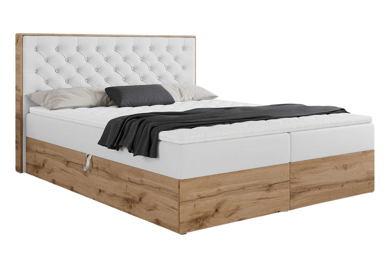 Szerokie łóżko kontynentalne z wbudowanymi pojemnikami na pościel i pikowanym wezgłowiem ALBERO 3 biała ecoskóra 180x200
