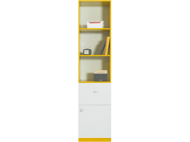 Regał z otwartymi półkami, szufladą i drzwiczkami do pokoju dziecięcego - MODES Biały Lux / Żółty