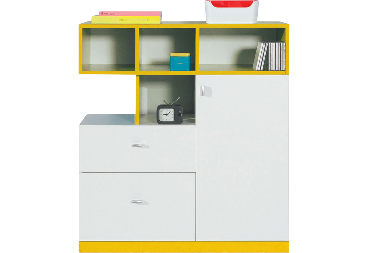 Stylowa komoda z szufladami i otwartymi wnękami do pokoju młodzieżowego - MODES Biały Lux / Żółty