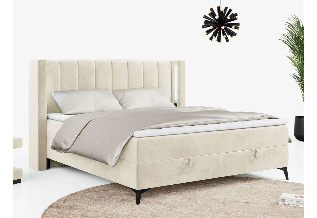 Szerokie łóżko kontynentalne dwuosobowe, z oświetleniem LED, materacem bonell premium FAROS 200x200 - Monolith 02 - OUTLET
