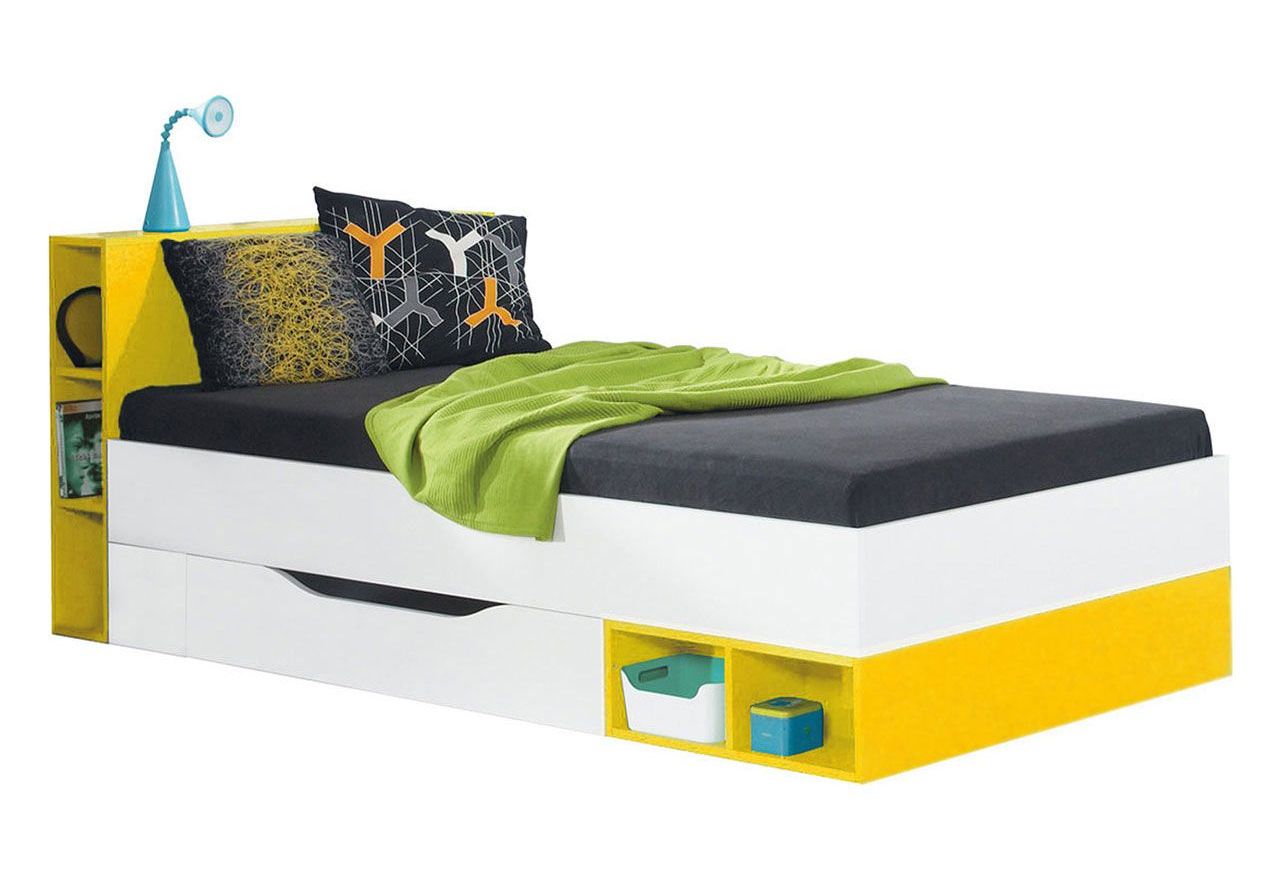 Łóżko z pojemnikiem pojedyncze, z półkami do pokoju dziecka - MODES Biały Lux / Żółty