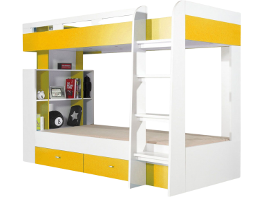 Łóżko piętrowe z drabinką, pojemnikami na pościel oraz półkami w białym kolorze - MODES Biały Lux / Żółty