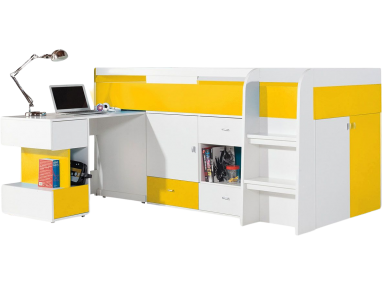 Pojedyncze łóżko 90x200 cm z wysuwanym biurkiem do pokoju nastolatka - MODES Biały Lux / Żółty
