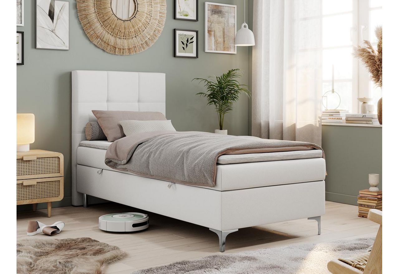 Łóżko pojedyncze, młodzieżowe SIMON 90x200 cm, biała ecoskóra, na wysokich metalowych nóżkach