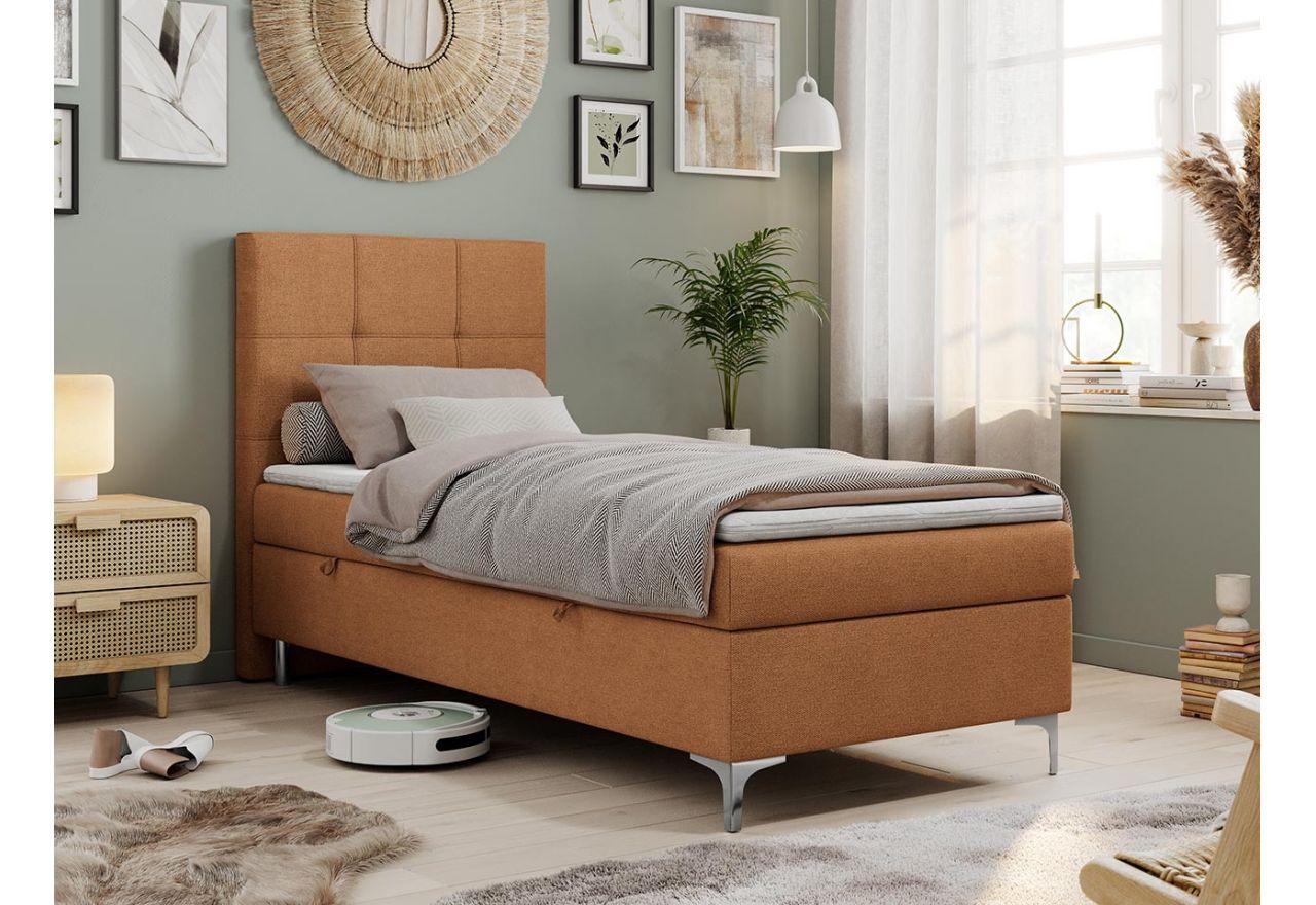 Łóżko pojedyncze z pojemnikiem SIMON, kontynentalne 90x200 cm, metalowe wysokie nóżki, pomarańczowa plecionka