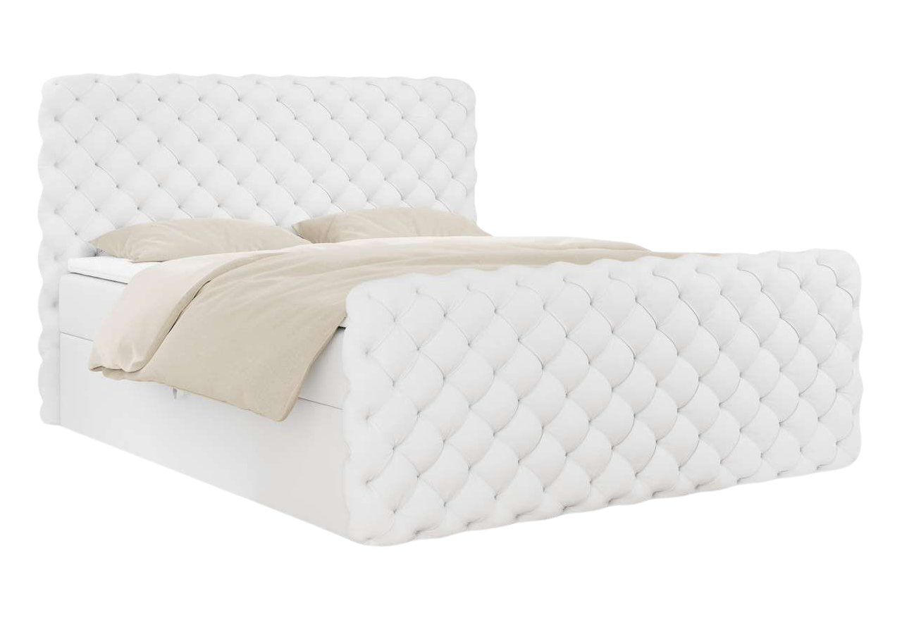 Stylowe łóżko kontynentalne pikowane, z tapicerką z białej ecoskóry CALVARDO LUX 160x200