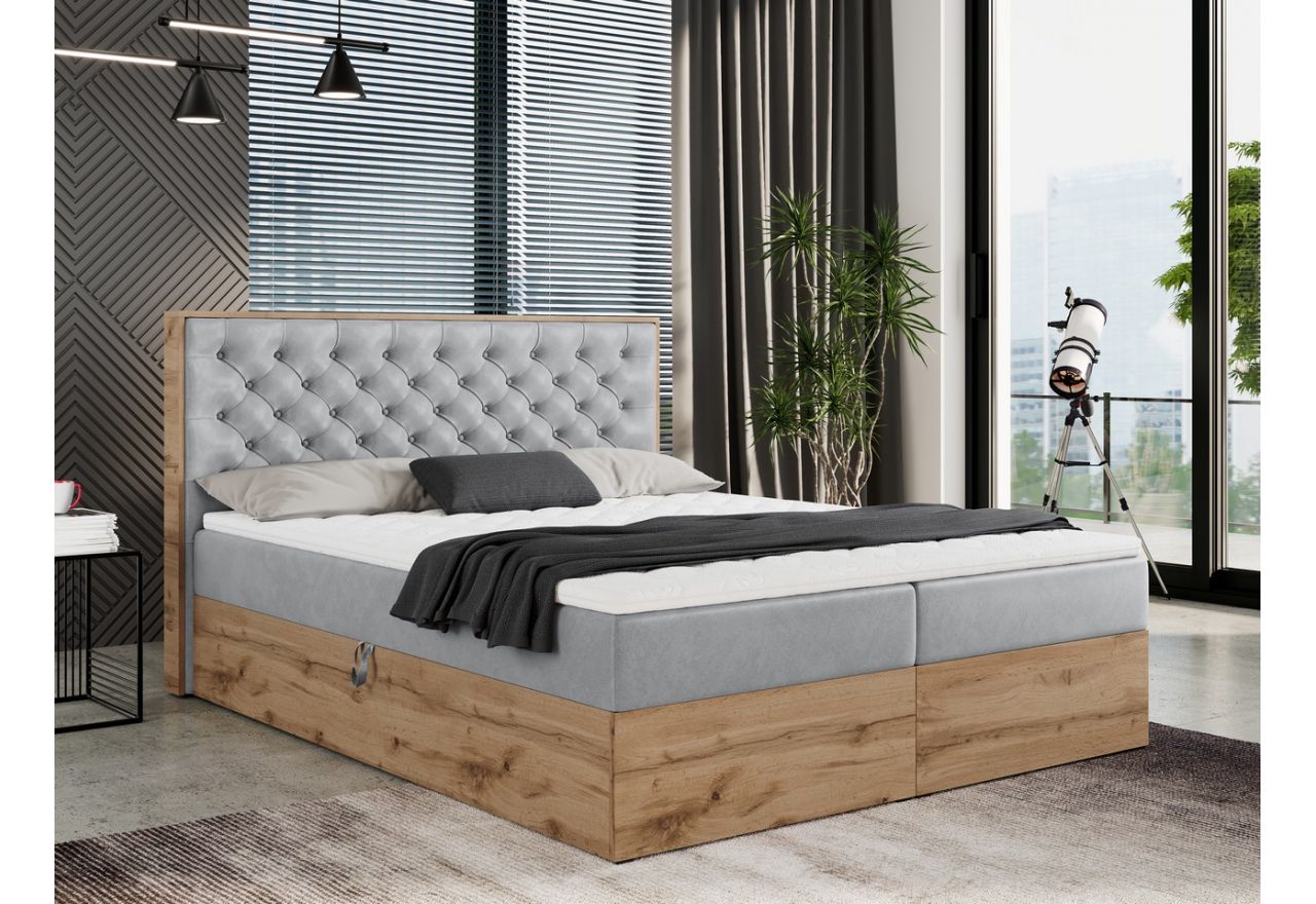 Drewniane łóżko kontynentalne z materacem pocket H4 i pojemnikami - ALBERO 3 - 120x200 - Paros 5 - jasny szary - OUTLET