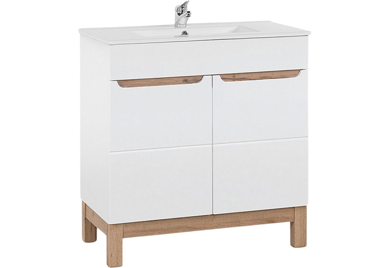Praktyczna i modna szafka 80 cm pod umywalkę do łazienki - CORINO / Biały Kasai połysk / Biały / Dąb Wotan - OUTLET