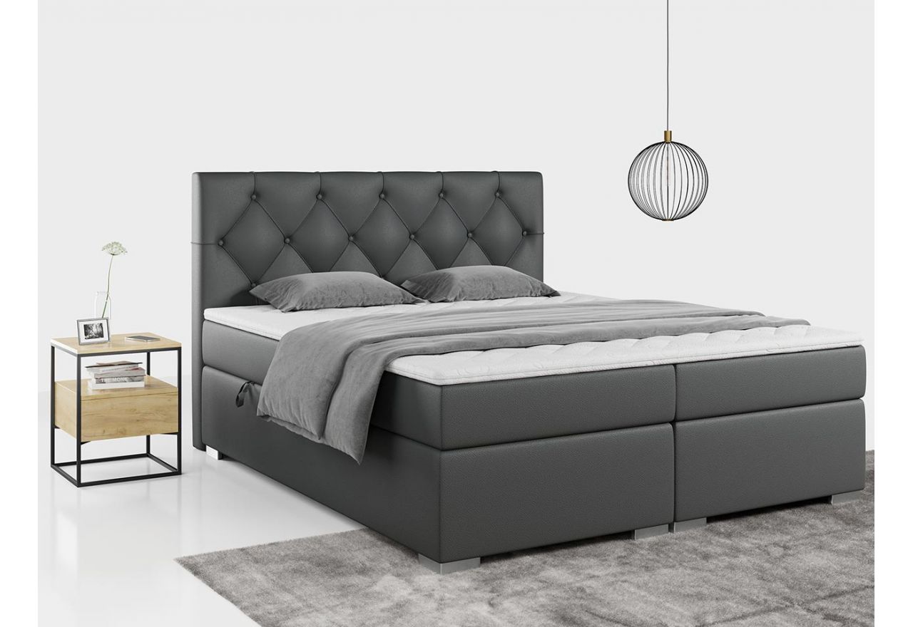Dwuosobowe łóżko kontynentalne ALDA 160x200 cm, pikowane wezgłowie - Soft 20 - szara ecoskóra - OUTLET