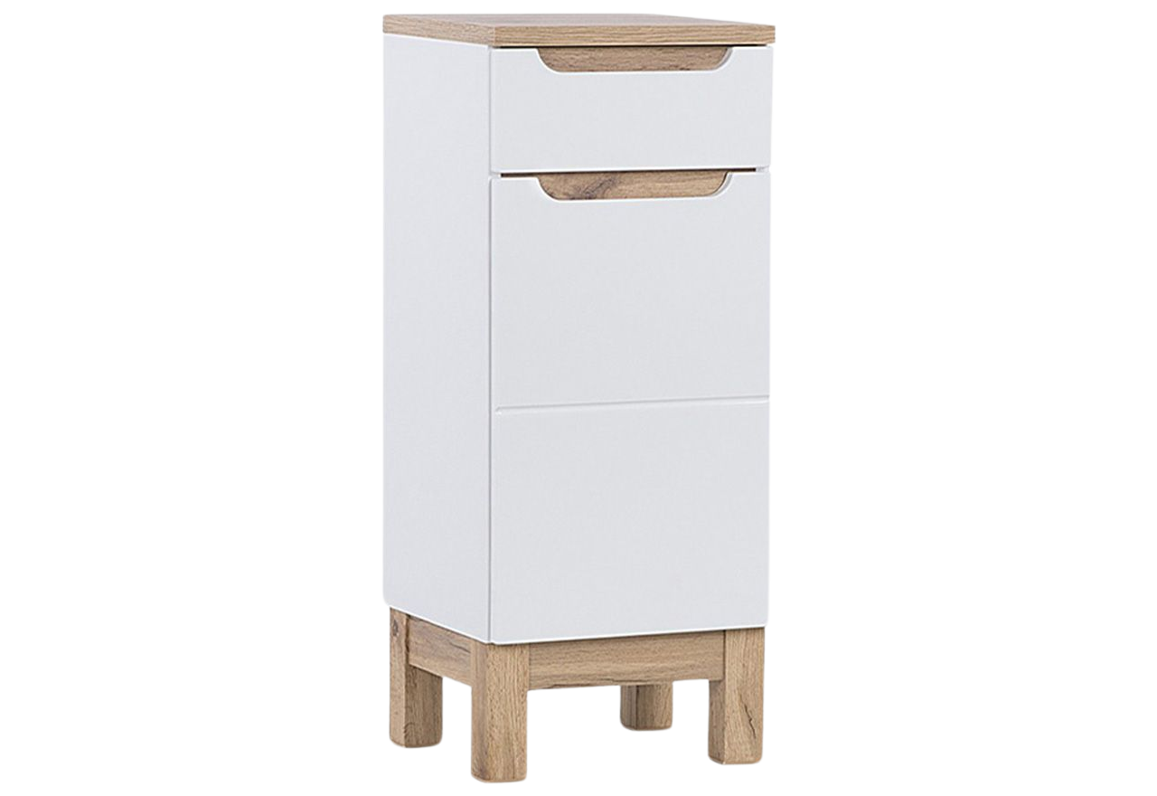 Szafka jednodrzwiowa z szufladą w designerskim stylu do łazienki - CORINO / Biały Kasai połysk / Biały / Dąb Wotan - OUTLET