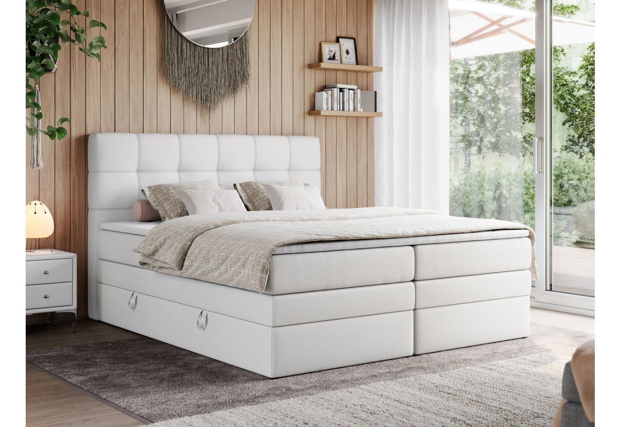 Ponadczasowe łóżko kontynentalne z dwoma materacami i pikowanym wezgłowiem ERNI - KING w białej ecoskórze, 200x200 cm