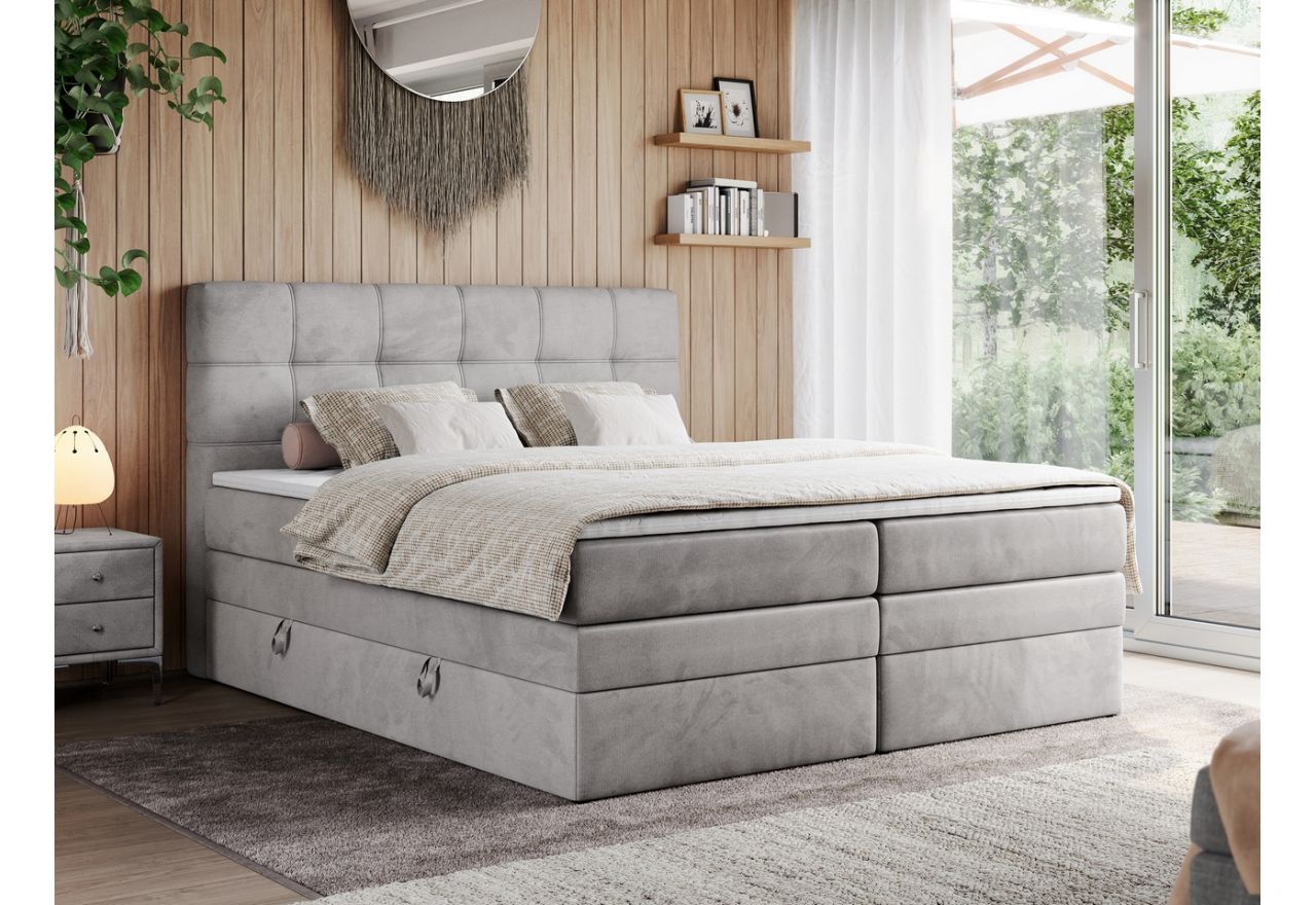 Szerokie łóżko kontynentalne do dużej sypialni, ERNI - KING z dwoma materacami szary welur, 200x200