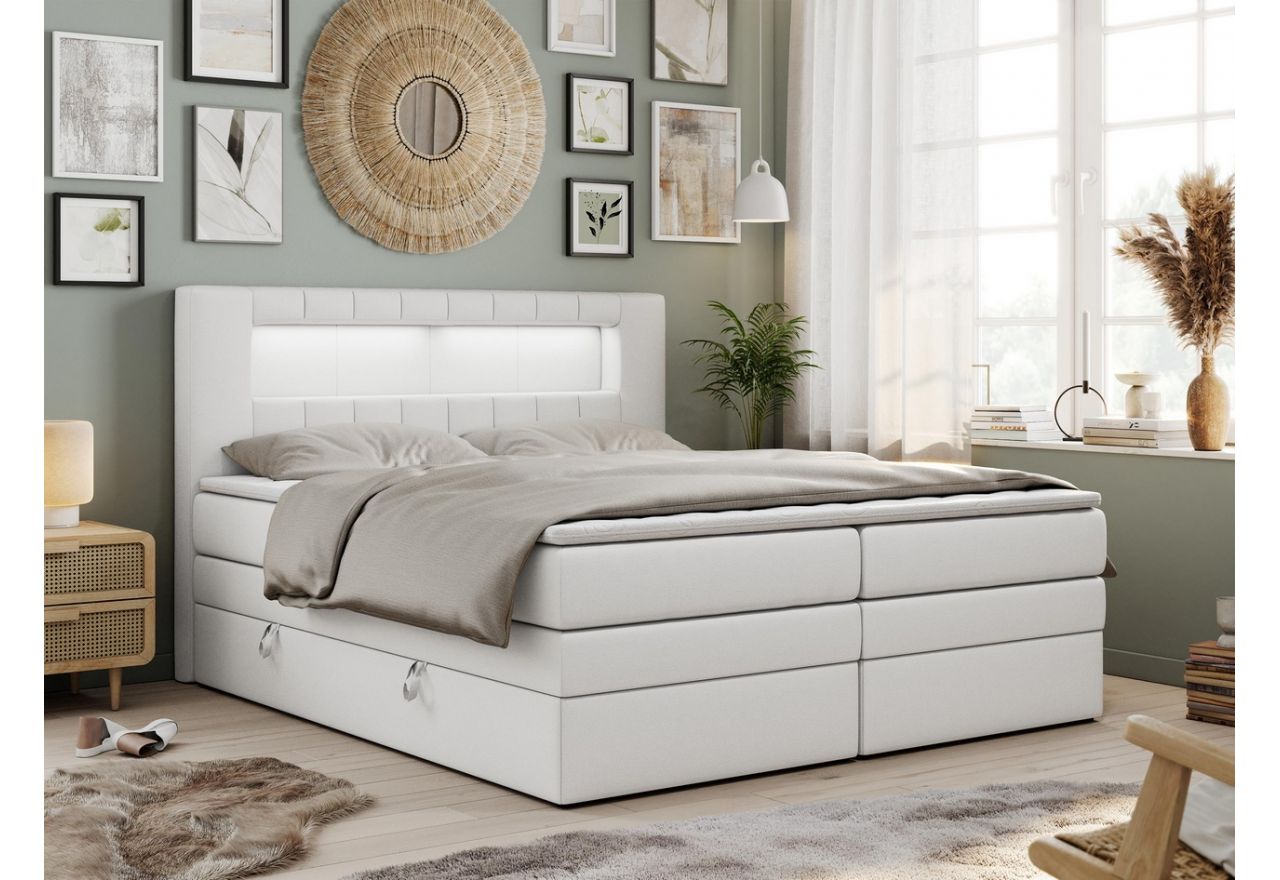 Łóżko kontynentalne wysokie 160x200 z oświetleniem LED w modnym stylu - GOLD 5 - KING biała ecoskóra