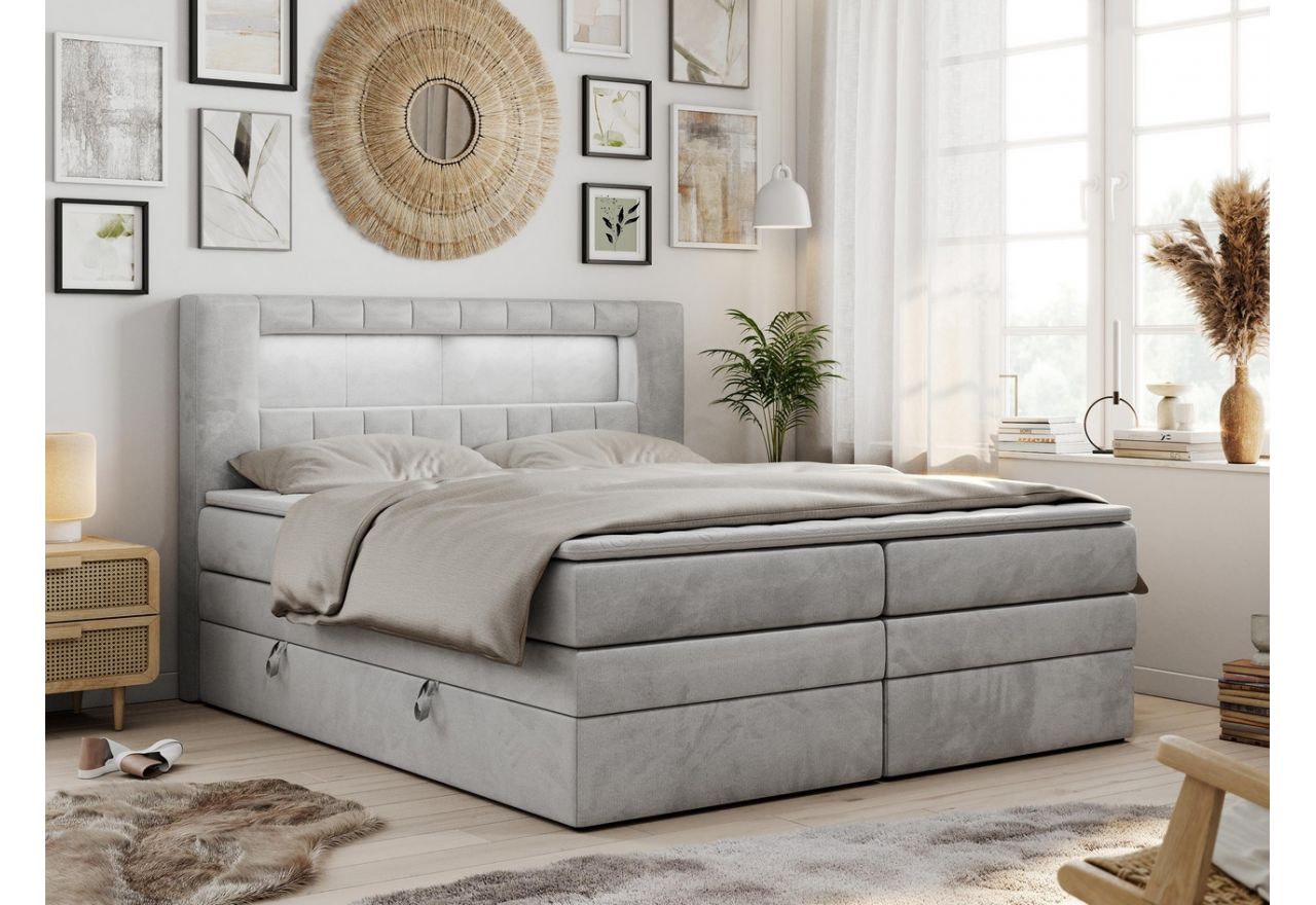 Dwuosobowe, duże łóżko kontynentalne 180x200 w nowoczesnym designie z oświetleniem LED - GOLD 5 - KING jasny szary