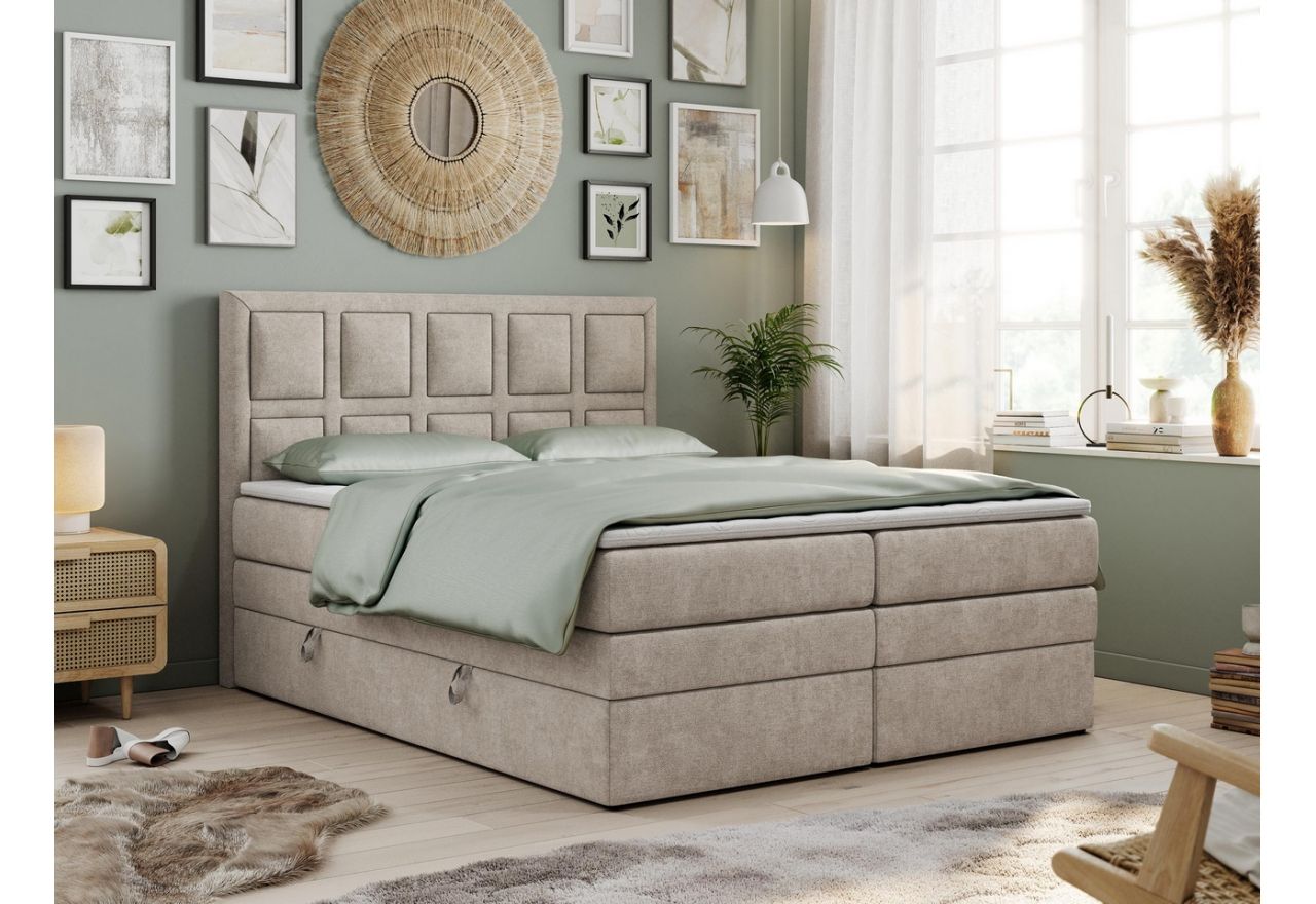 Tapicerowane łóżko kontynentalne z dwoma sprężynowymi materacami PREMIUM 5 KING z tapicerką z beżowej plecionki 160x200