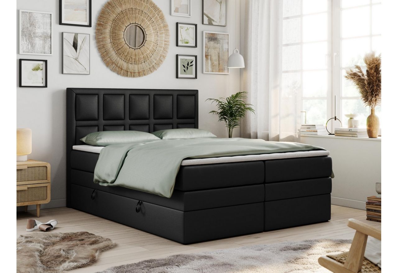 Czarne łóżko kontynentalne z tapicerką z ecoskóry PREMIUM 5 KING z dwoma materacami i wysokim zagłowiem 120x200