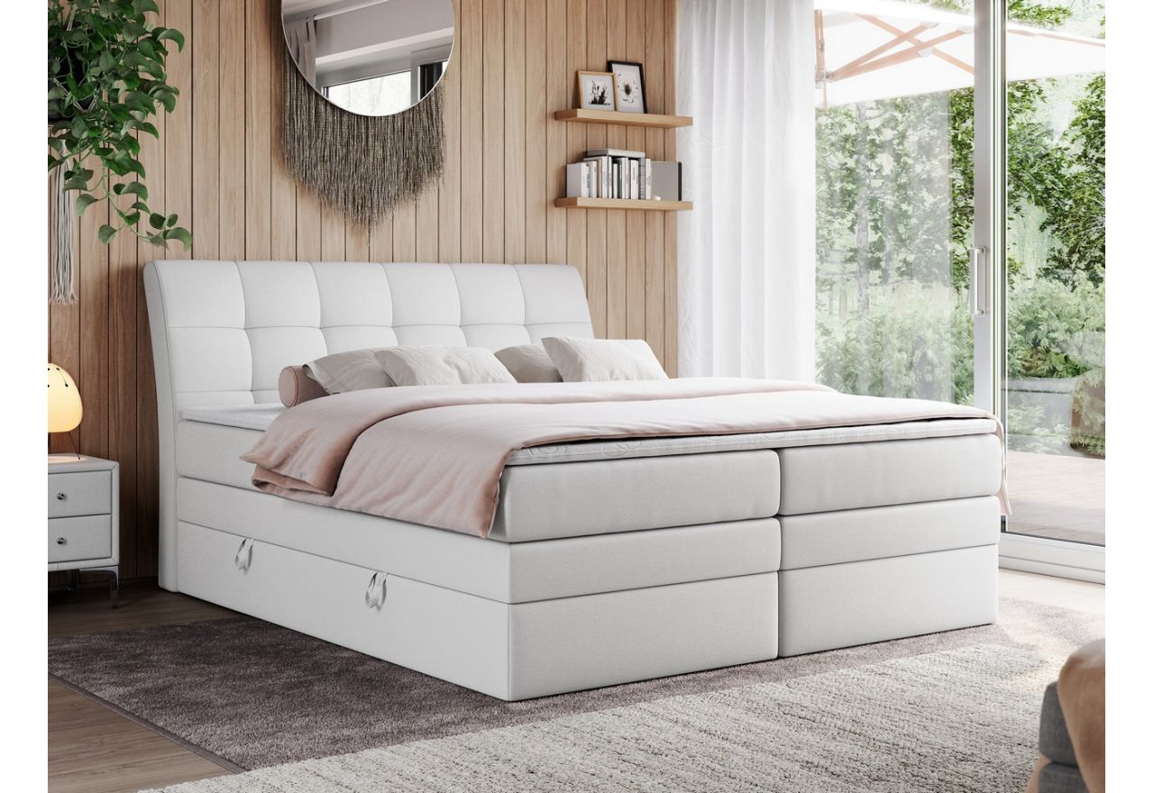 Duże łóżko kontynentalne 180x200 z podwójnym materacem do sypialni - GOLD 10 - KING biała ecoskóra