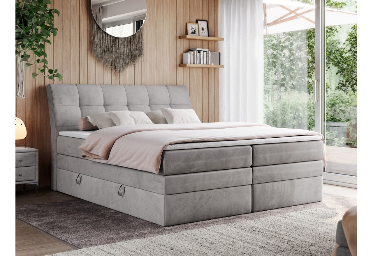 Duże łóżko kontynentalne 180x200 w nowoczesnym stylu z podwójnym materacem - GOLD 10 - KING jasny szary