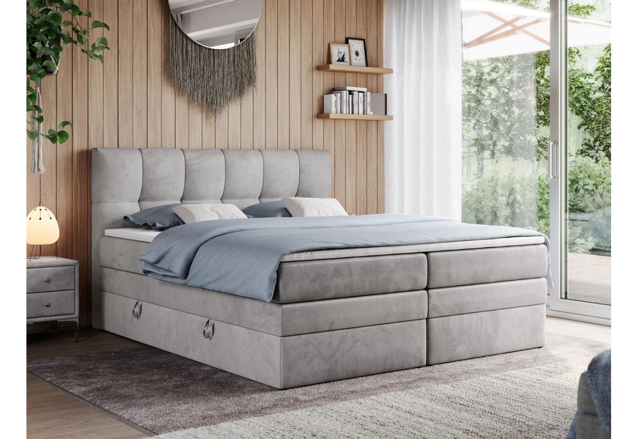 Duże łóżko kontynentalne 180x200 w nowoczesnym stylu z wysokim wezgłowiem - ALVIN - KING jasny szary
