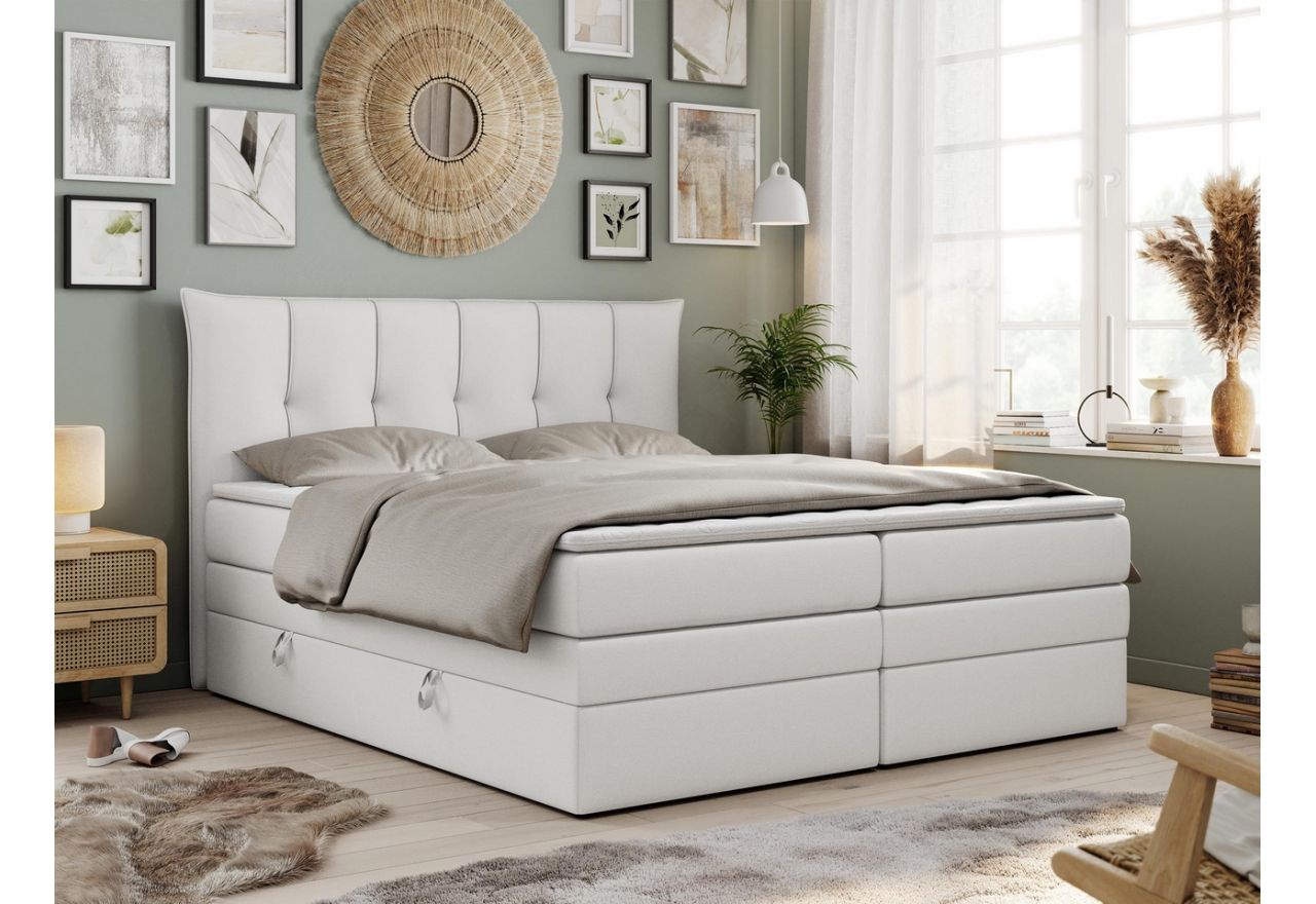 Łóżko kontynentalne w białej tapicerce z ecoskóry i z podwójnym pojemnikiem na pościel, PREMIUM 10 KING 180x200