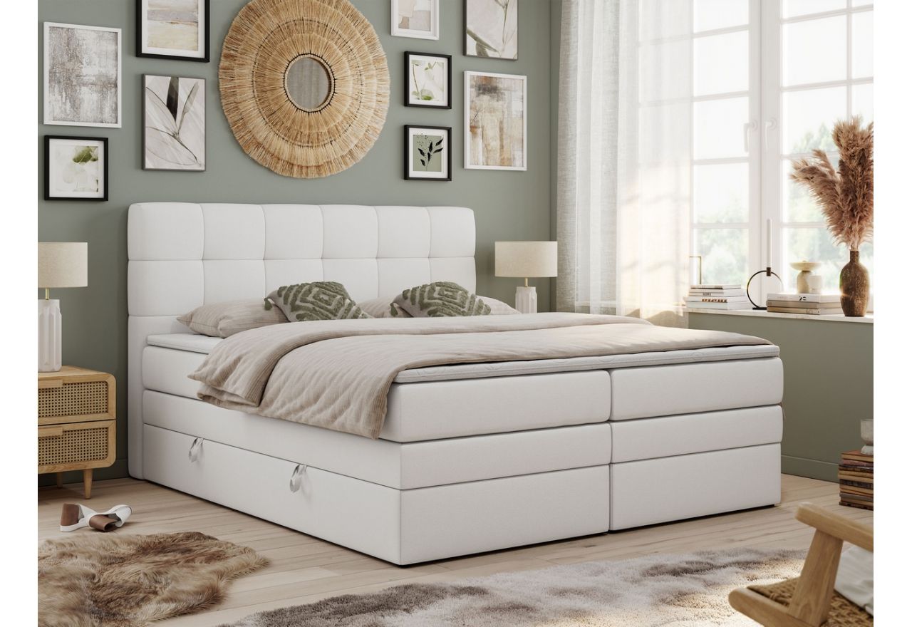 Eleganckie łóżko dwuosobowe 160x200 z podwójnym pojemnikiem na pościel, kontynentalne - LUKA - KING biała ecoskóra