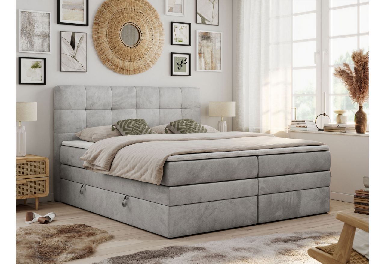 Łóżko kontynentalne wysokie 160x200 w eleganckim stylu z podwójnym pojemnikiem i materacem - LUKA - KING jasny szary