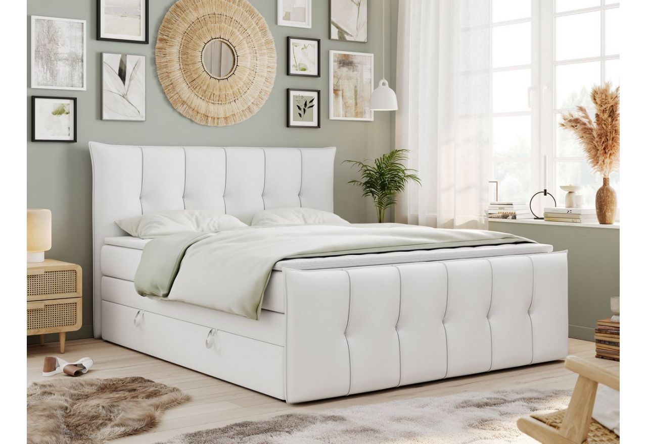 Stylowe, wysokie łóżko kontynentalne PREMIUM 11 KING z podwójnym materacem i pojemnikami na pościel, biała ecoskóra 120x200
