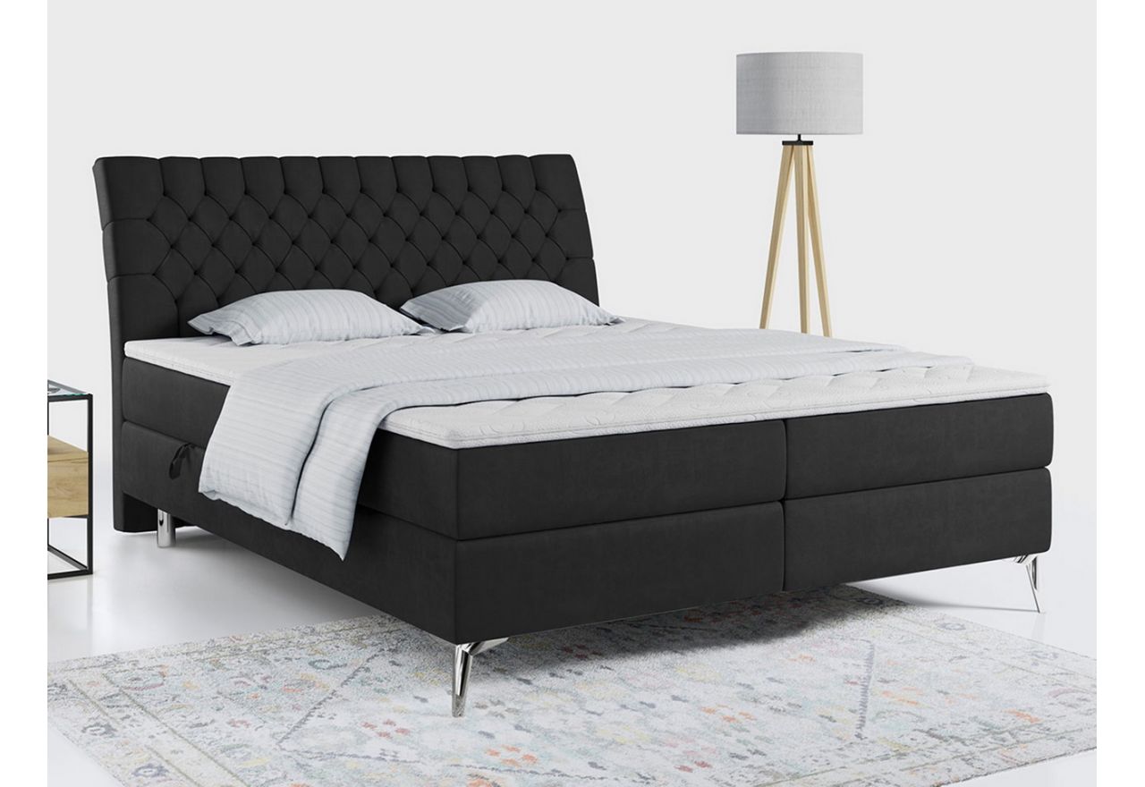 Łóżko kontynentalne MILEN 120x200 czarny welur, z wysokim, pikowanym wezgłowiem i metalowymi nogami