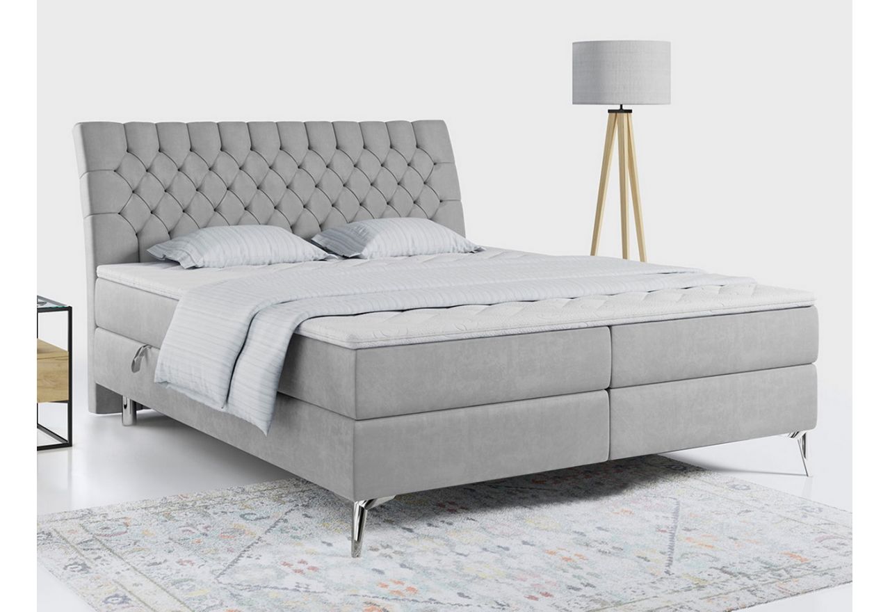 Obszerne łóżko kontynentalne do dużej sypialnie, MILEN 180x200 obite jasnoszarą, welurową tapicerką