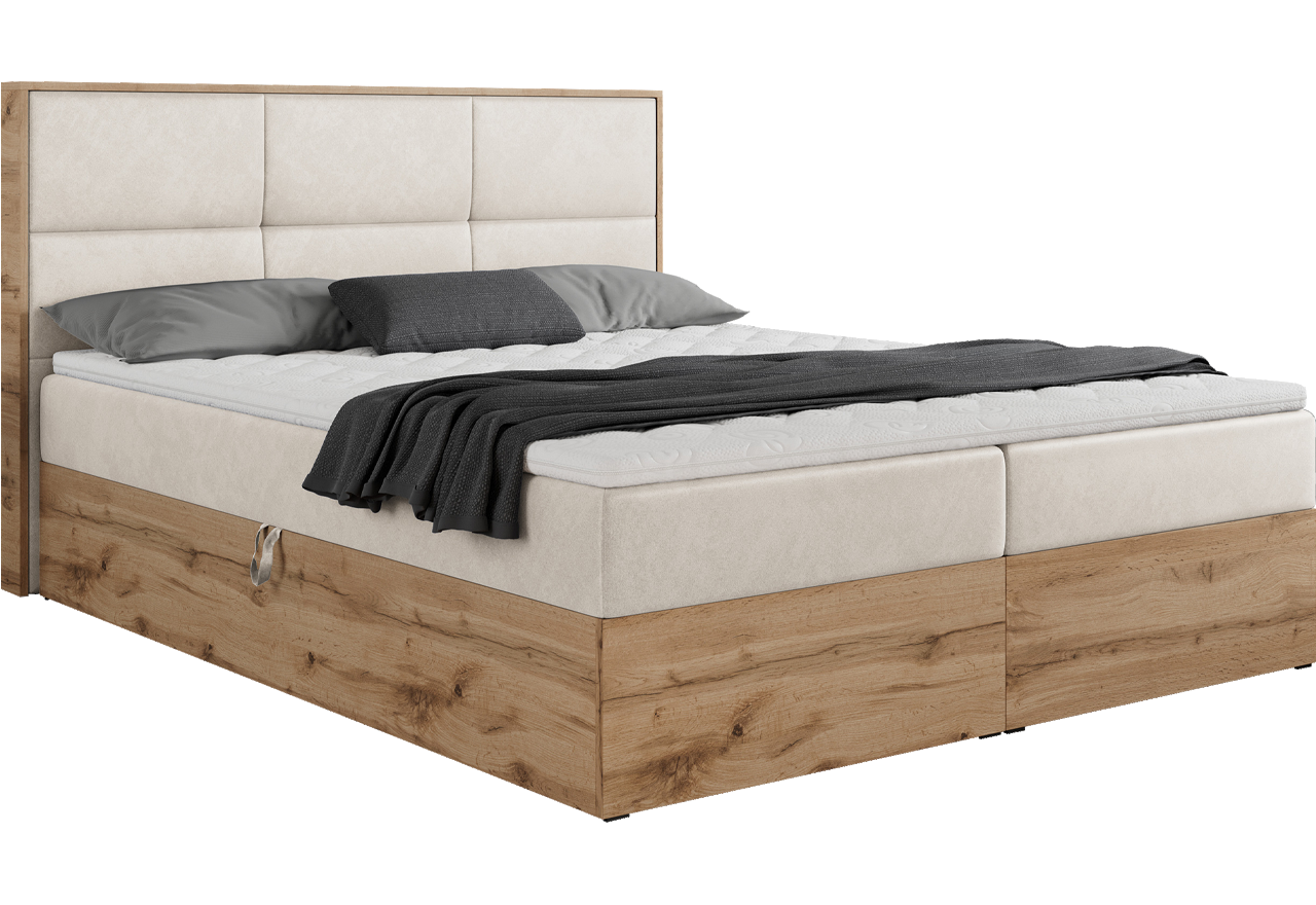 Duże, funkcjonalne łóżko kontynentalne z przeszywanym wezgłowiem - ALBERO 2 200x200 beżowy - Monolith 02 - OUTLET