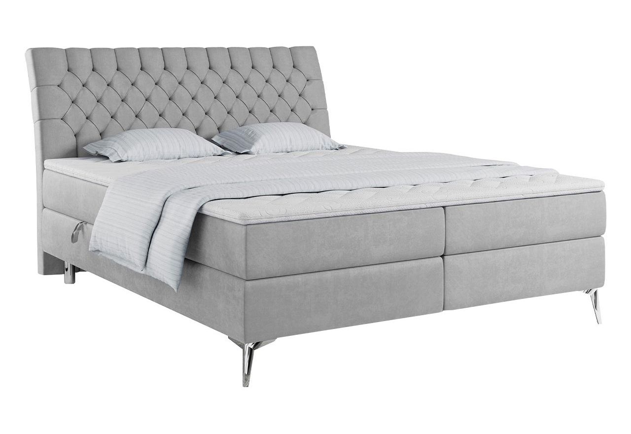 Stylowe łóżko kontynentalne na metalowych nóżkach z pikowanym wezgłowiem - MILEN 200x200 jasny szary - Paros 05 - OUTLET