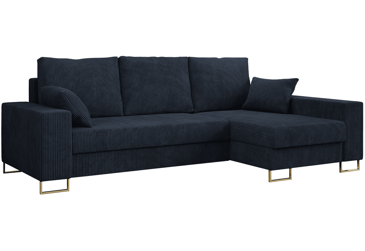 Sztruksowa kanapa narożna z funkcją spania, wolnostojąca, DORIAN w granatowej tkaninie - Lincoln 77 - OUTLET