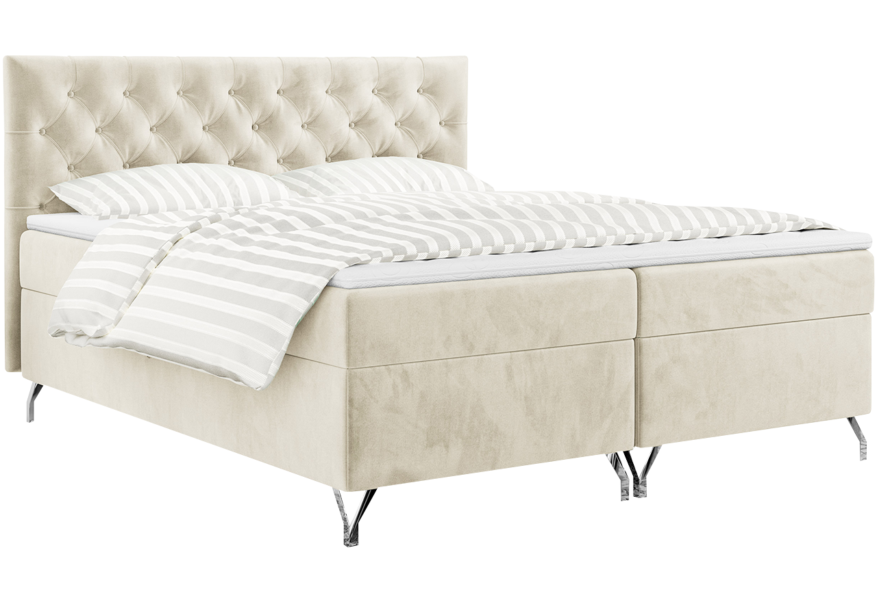 Przestronne, welwetowe łóżko kontynentalne w szarej tapicerce, GRIMALDI 180x200 z pikowanym wezgłowiem - Paros 06 - OUTLET
