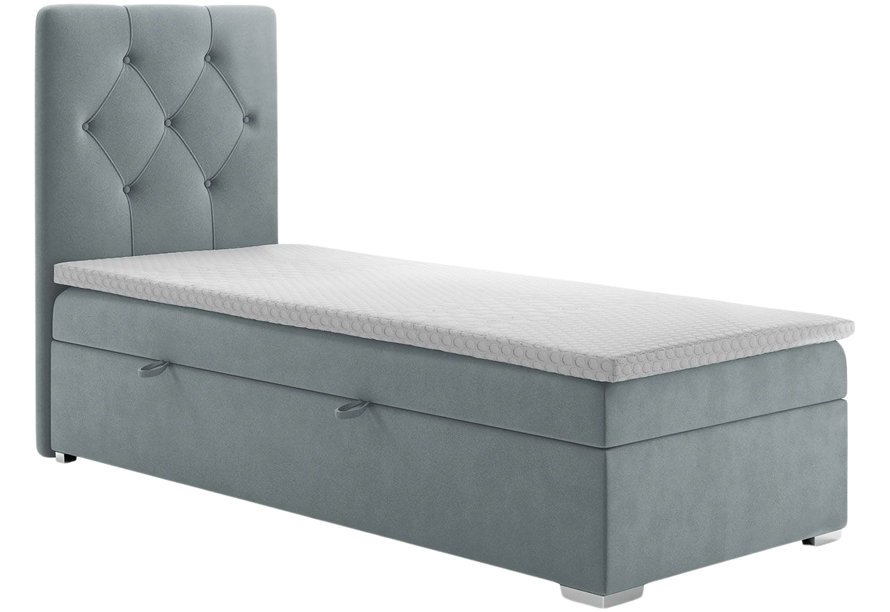 Łóżko kontynentalne, pikowane z pojemnikiem na pościel i materacem H4 - ALDA 90x200 jasny szary - Monolith 84 - OUTLET