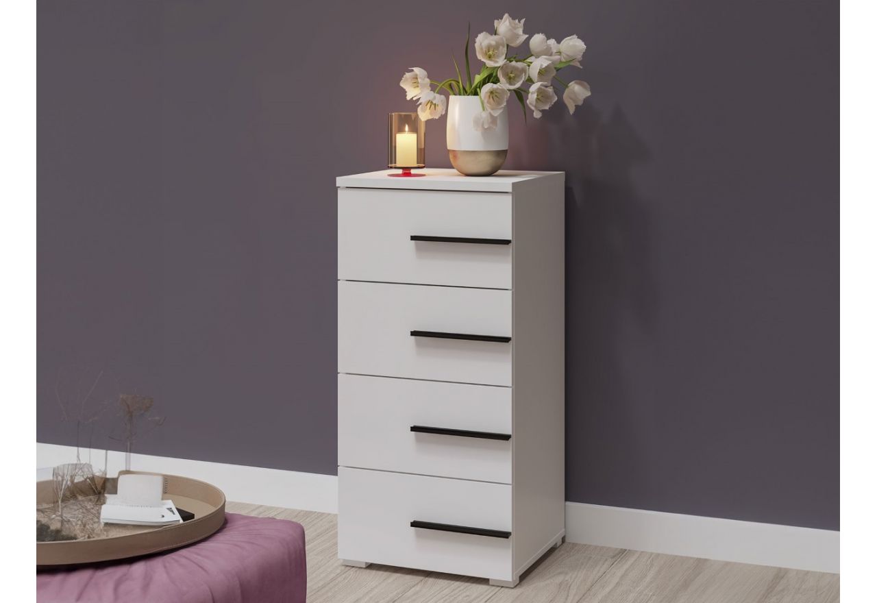 Wąska komoda z szufladami, elegancka, praktyczna, nowoczesna MARTANO - Biała z czarnymi uchwytami