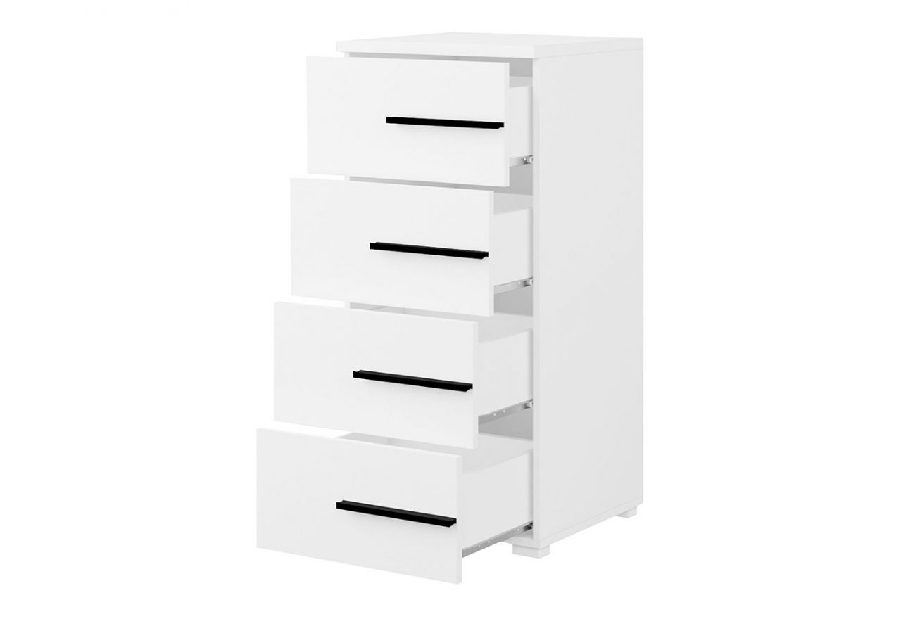 Wąska komoda z szufladami, elegancka, praktyczna, nowoczesna MARTANO - Biała z czarnymi uchwytami