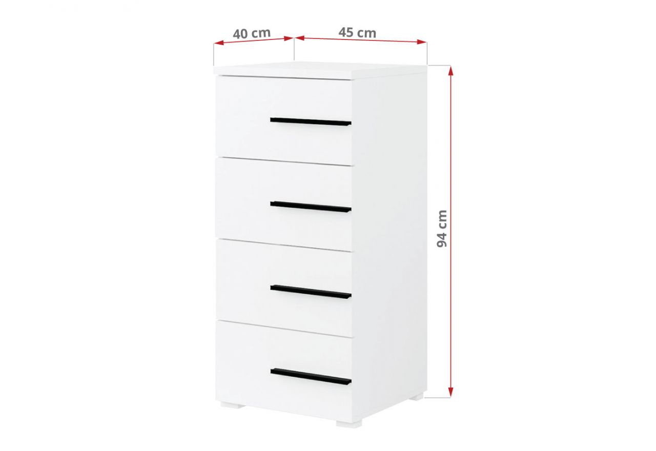 Wąska komoda z szufladami, elegancka, praktyczna, nowoczesna MARTANO - Biała z czarnymi uchwytami