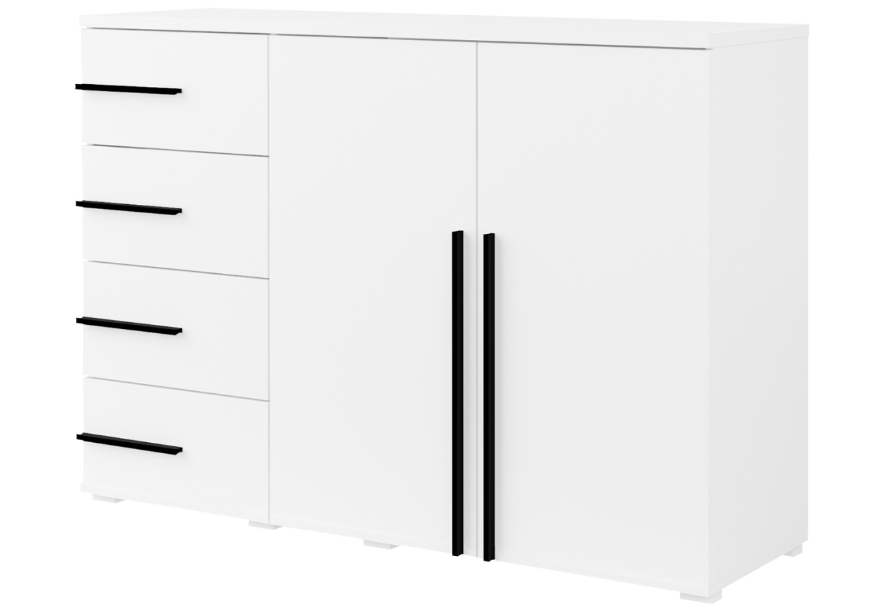 Pojemna komoda z szufladami do sypialni, 130 cm szafka nowoczesna MARTANO - Biała z czarnymi uchwytami