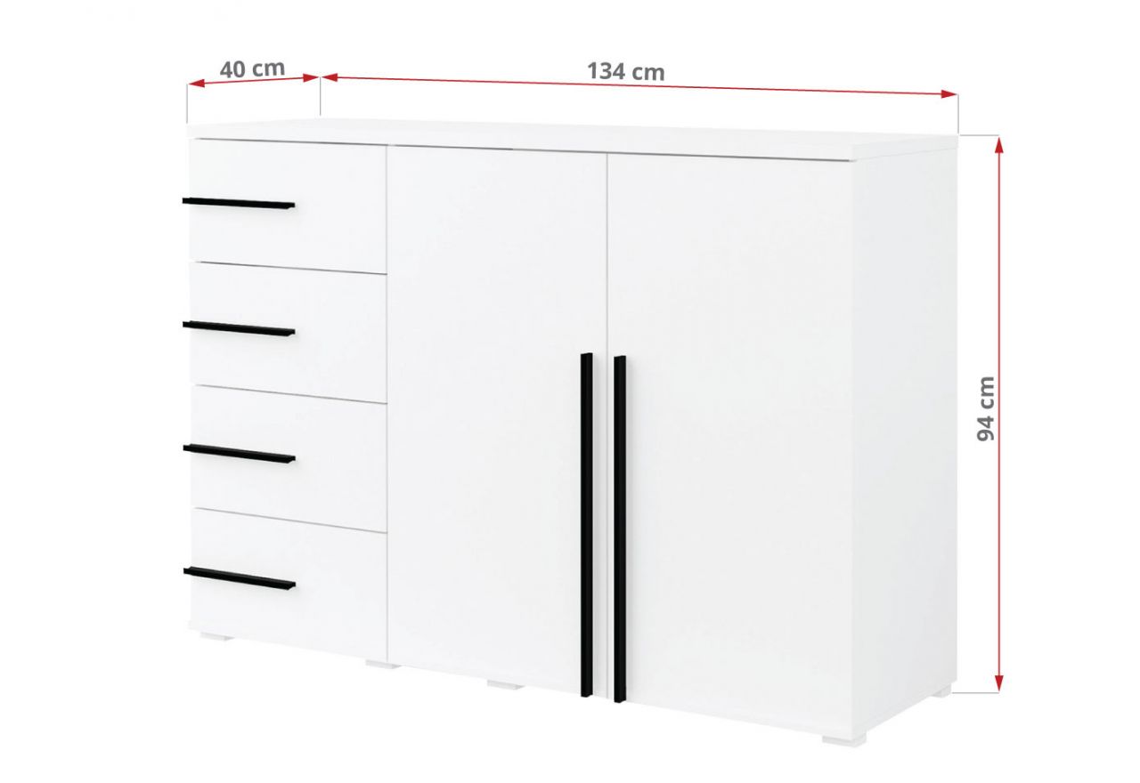 Pojemna komoda z szufladami do sypialni, 130 cm szafka nowoczesna MARTANO - Biała z czarnymi uchwytami