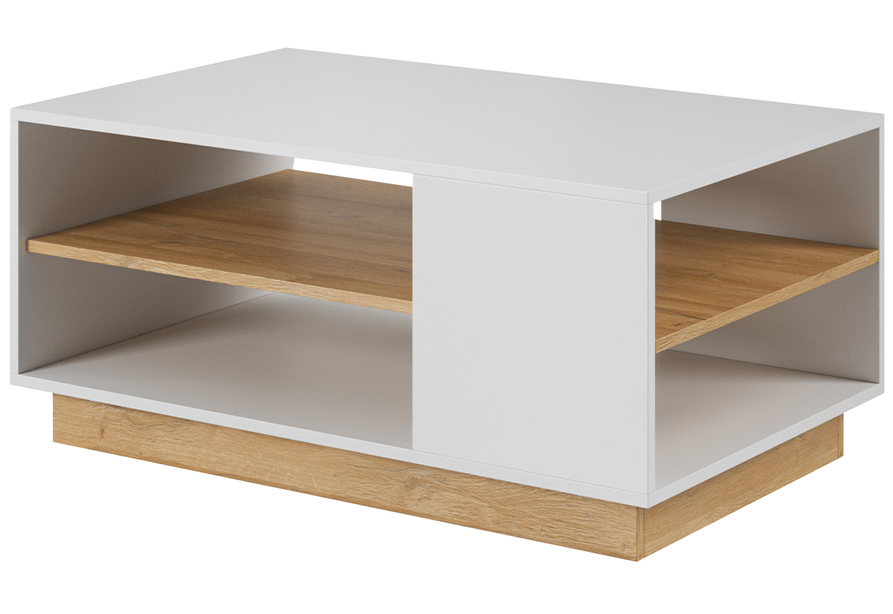 Praktyczny, nowoczesny stolik kawowy z półkami do pokoju i salonu - ARDANO / Biały Mat / Dąb Grandson