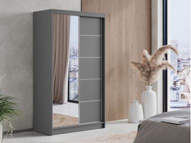 Szafa przesuwna 120 cm MACEDONIA z lustrem na szarym froncie i opcją oświetlenia LED