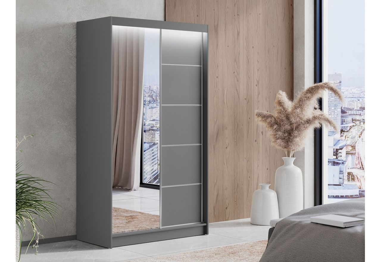 Szafa przesuwna 120 cm MACEDONIA z lustrem na szarym froncie i opcją oświetlenia LED