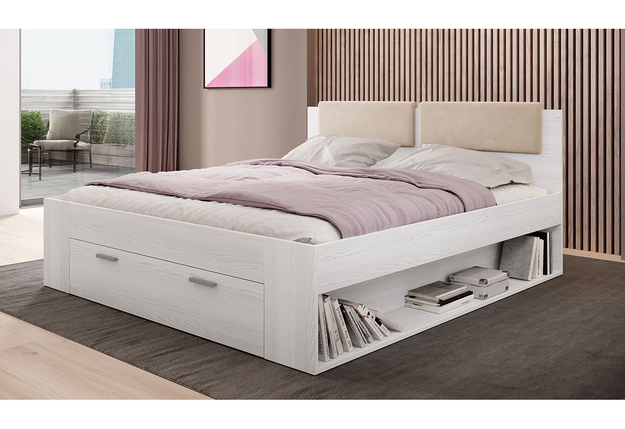 Stylowe dwuosobowe łóżko 140x200 z zagłowiem i szufladą GALAKTA białe