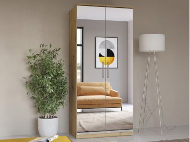 Szafa w nowoczesnym stylu dwudrzwiowa 90 cm z lustrem na froncie - OLIVER Dąb Artisan / Lustro