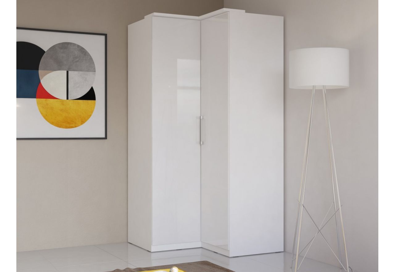 Nowoczesna szafa narożna z opcją oświetlenia LED do sypialni i garderoby - OLIVER Biały / Biały połysk